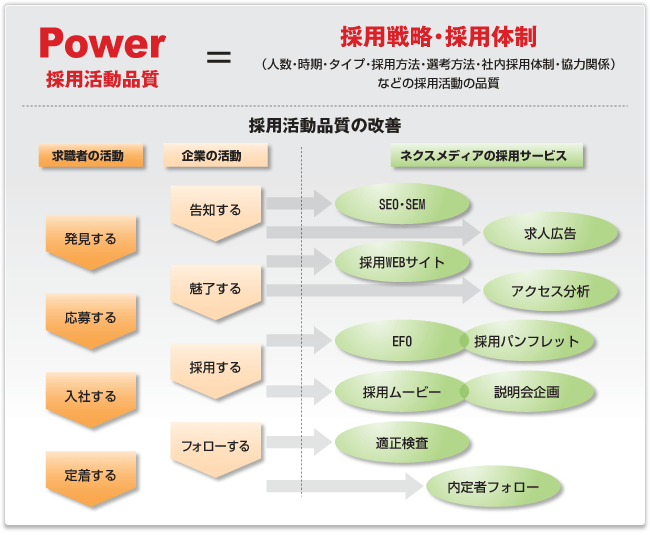 採用サポートの流れ、求人の流れ、採用サイト、採用パンフレットなど